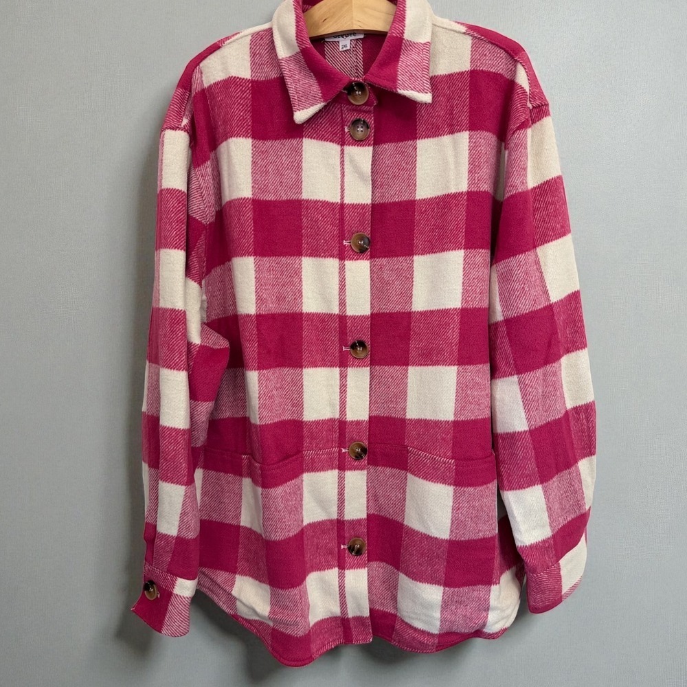 NWOT GeeGee Pink White Buffalo Plaid Shacket Oversized Jacket Size 2XL Flannel